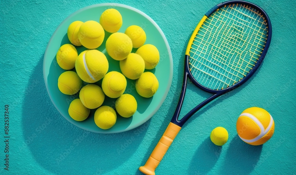  a bowl of tennis balls and a racket on a blue surface next to a bowl of tennis balls and a tennis r