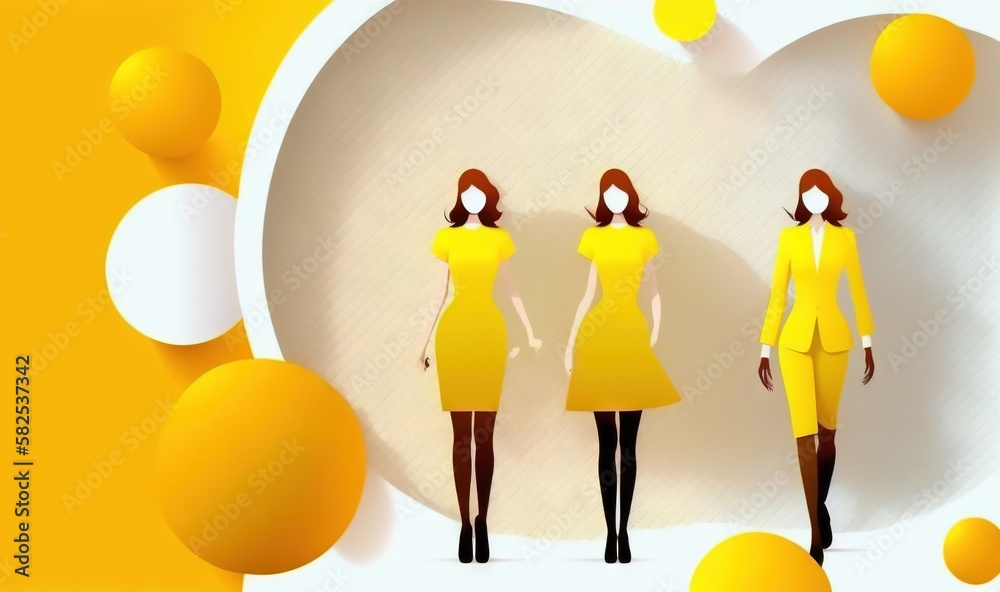  three women in yellow dresses standing in front of a heart shaped wall with bubbles around them and