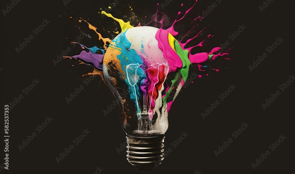  a colorful light bulb with paint splattered all over its sides and the light bulb is turned upside