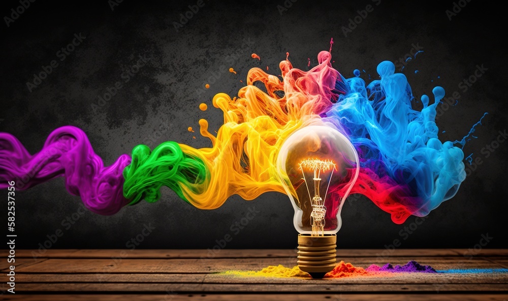  a light bulb with colored smoke coming out of it on a wooden table in front of a black background w