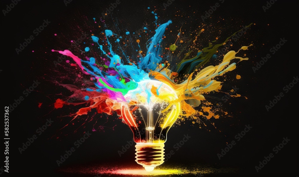  a colorful light bulb with paint splattered all over its face and a black background with a black 