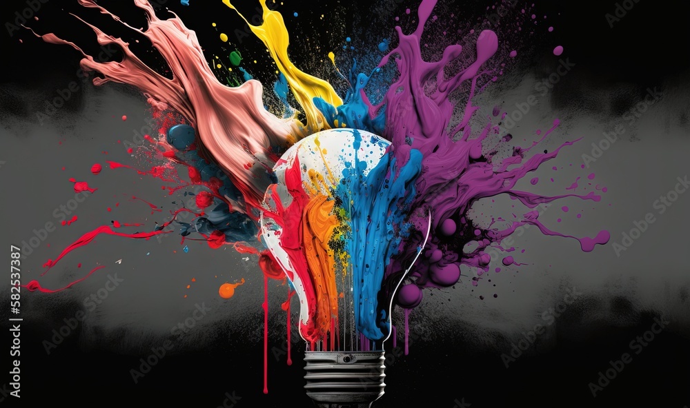  a colorful light bulb with paint splattered all over its face and a splash of paint on the inside 