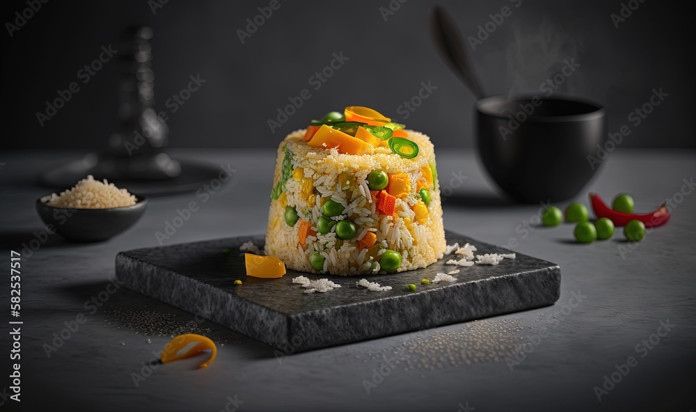  a plate of rice with peas, peas, carrots, and peas on a black plate with a spoon and a cup of tea. 