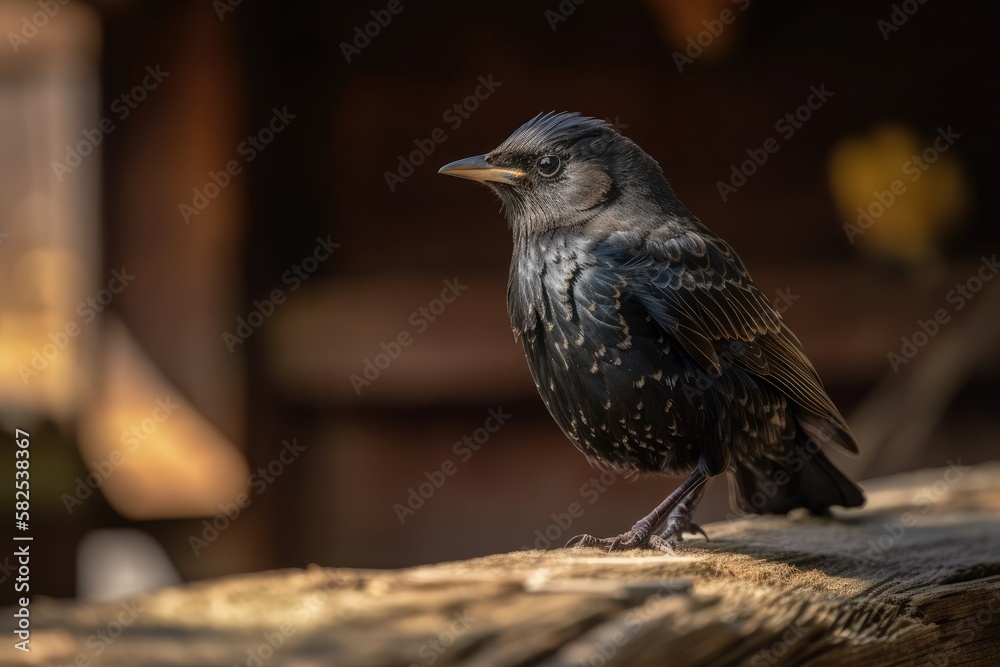 a female black bird perches on a wood ceiling. Generative AI