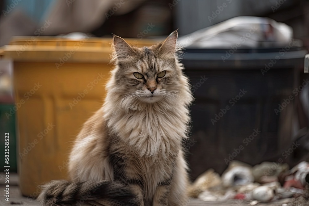 The cat is perched on the garbage cans. The fluffy cat. Generative AI