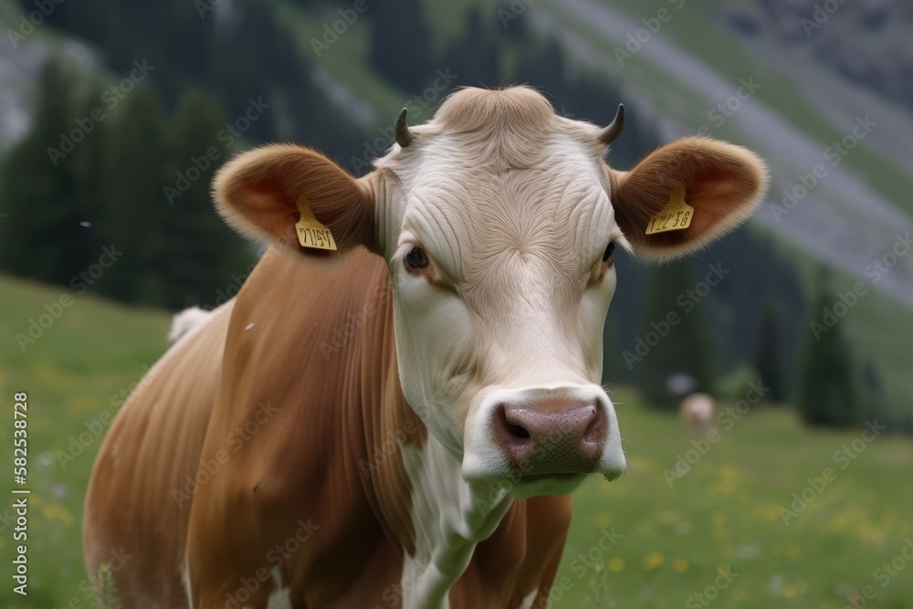 Cow in the Alps wearing a small bell standing on a lush, green mountain meadow. Generative AI