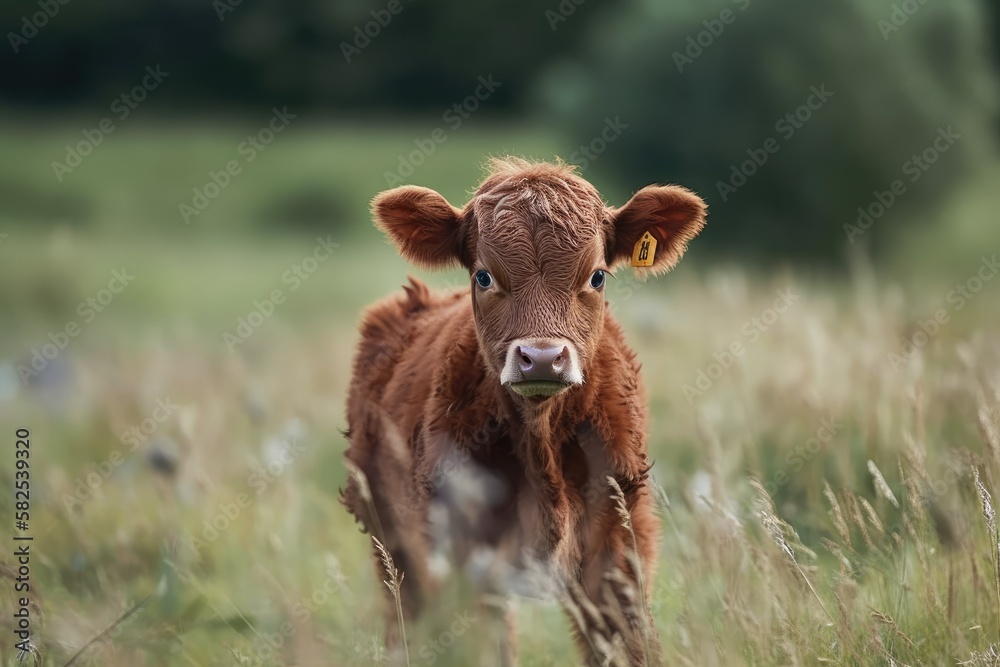 a cute tiny calf standing in a pasture of greenery. Generative AI