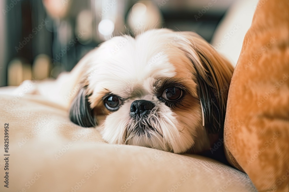 On the sofa at home, an adorable Shih Tzu dog wearing a bow is curled up. Canine facing the camera. 