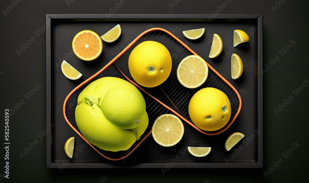  a picture of lemons and limes arranged in a square frame on a black surface with a black border aro