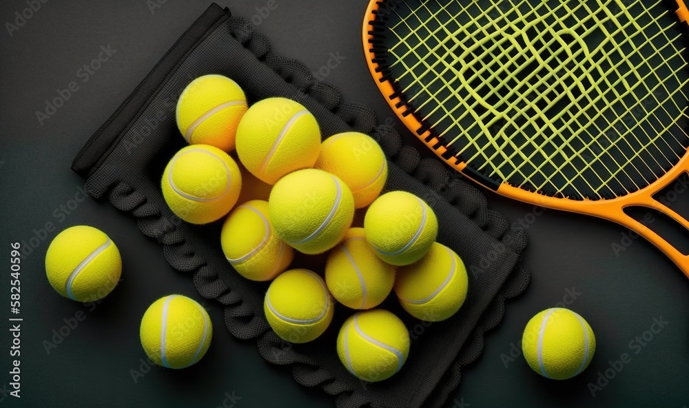  a bunch of tennis balls and a racket on a black surface with a black cloth on the side of the racke