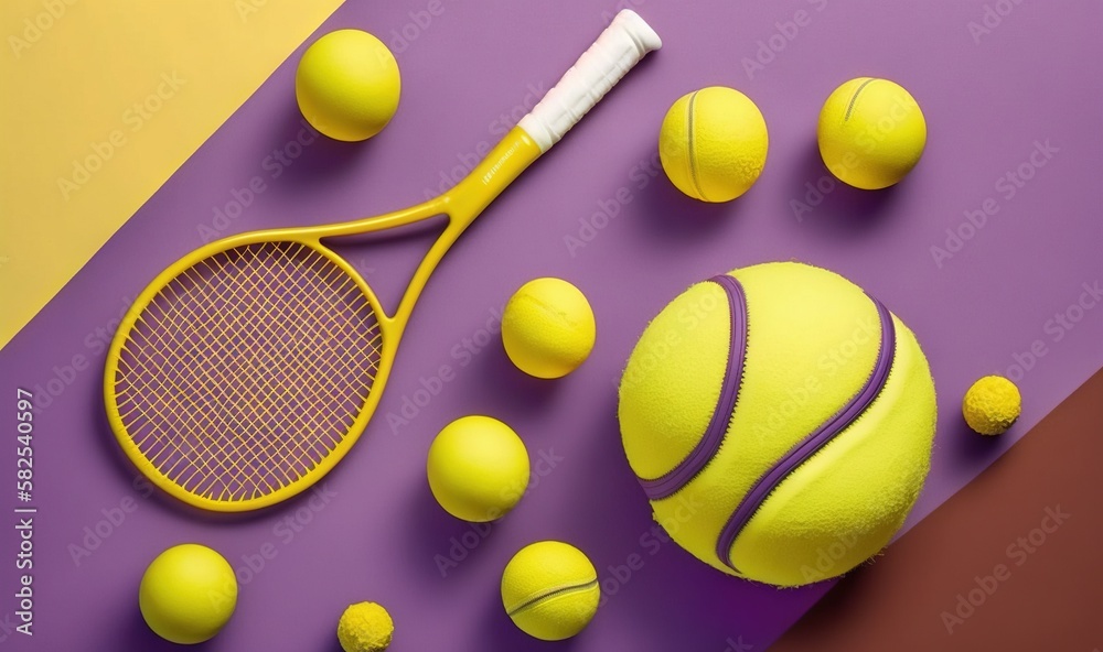  a yellow tennis racket and balls on a purple and yellow background with a purple and yellow backgro