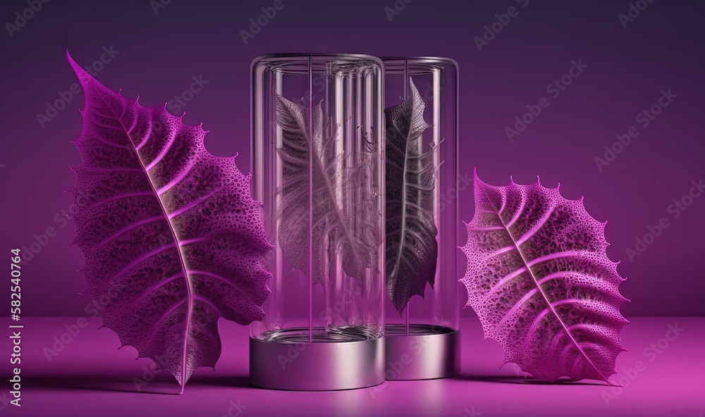  a purple background with three different types of plants in a glass container and a purple backgrou