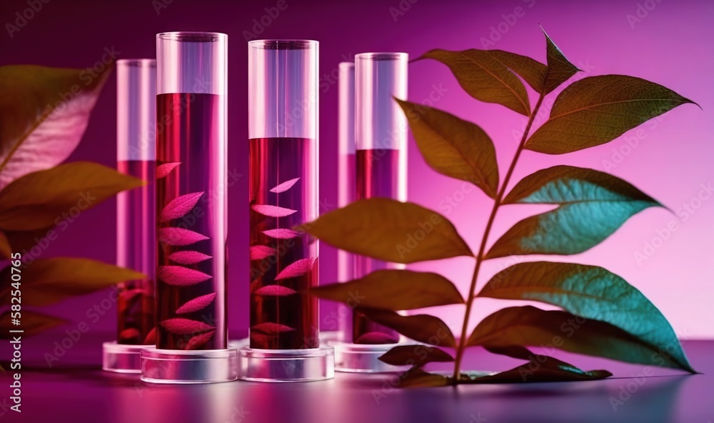  a group of three vases filled with red liquid and a green plant in front of them on a purple backgr