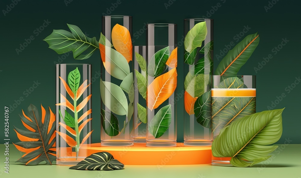  a group of glass vases filled with plants and leaves on a green surface with a green background and