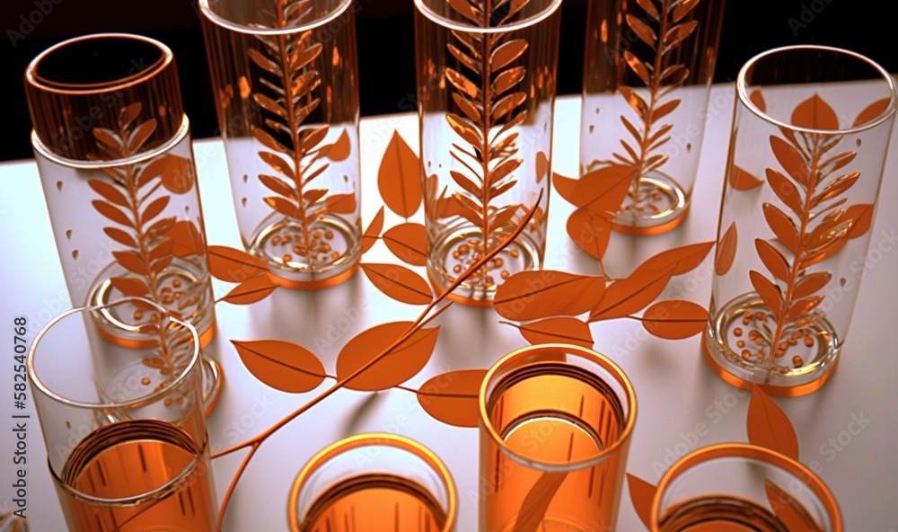  a group of orange vases sitting on top of a white table next to a white tablecloth with orange leav