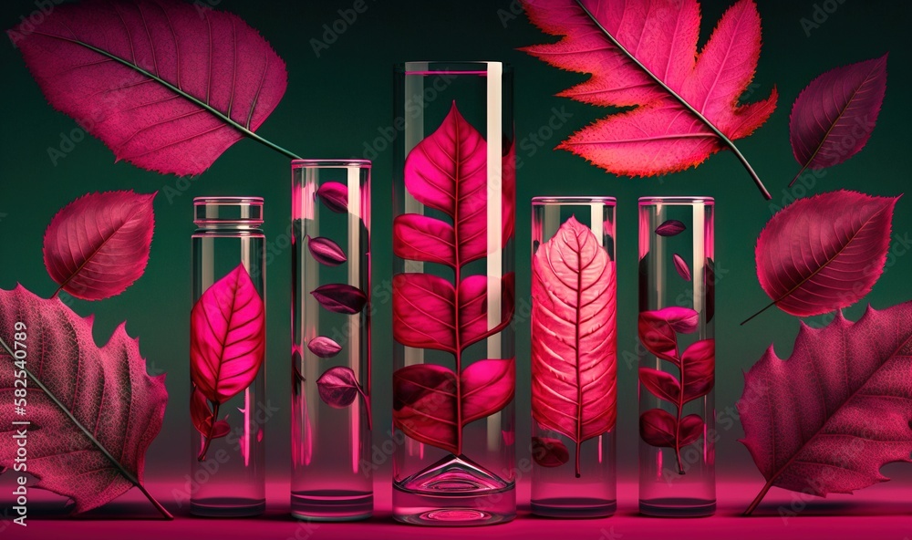  a group of vases filled with different types of leaves on a pink surface with a green background an