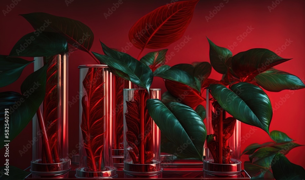  a group of red vases with green leaves on a red table with a red wall in the background and a red p