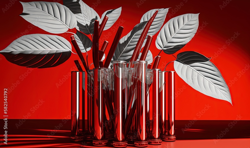  a group of vases with plants in them on a red surface with a red wall in the back ground and a red 