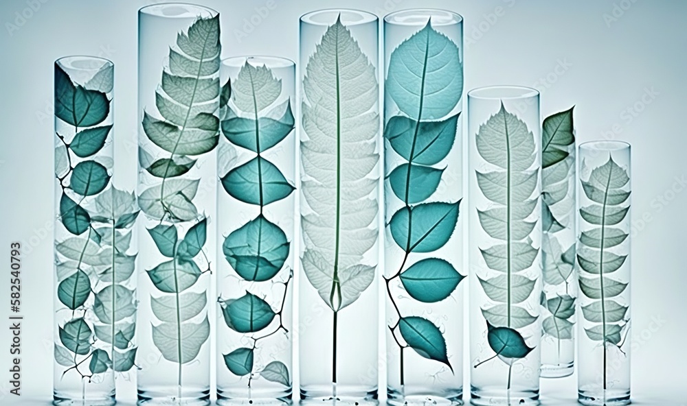  a group of glass vases with green leaves in them on a white surface with a light reflection on the 