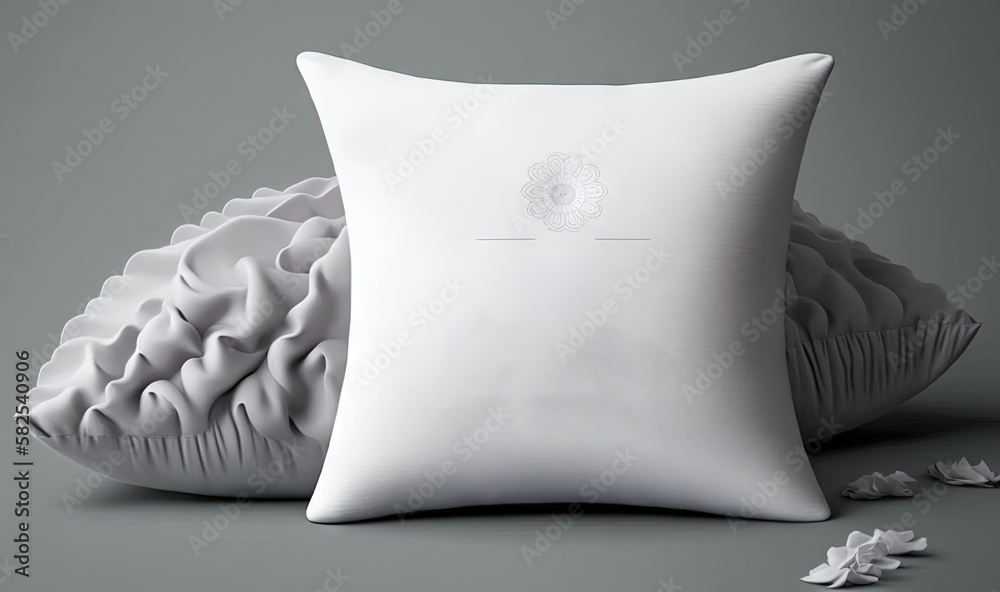  a white pillow sitting on top of a pillow next to a white pillow on a gray surface with a white flo