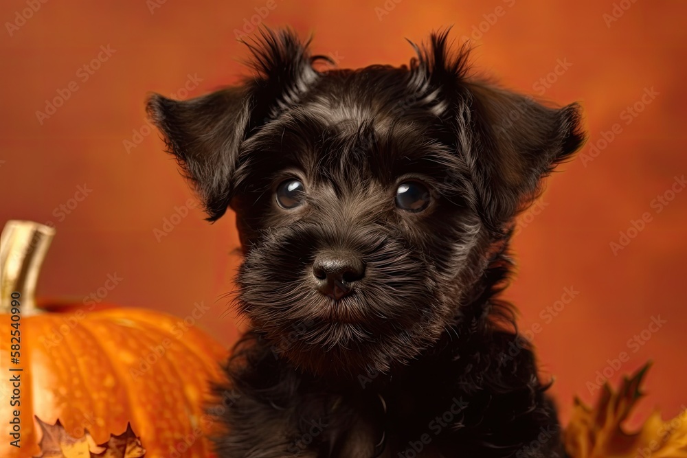 a tiny black puppy on a pumpkin and maple leaf adorned orange background in the autumn. Generative A