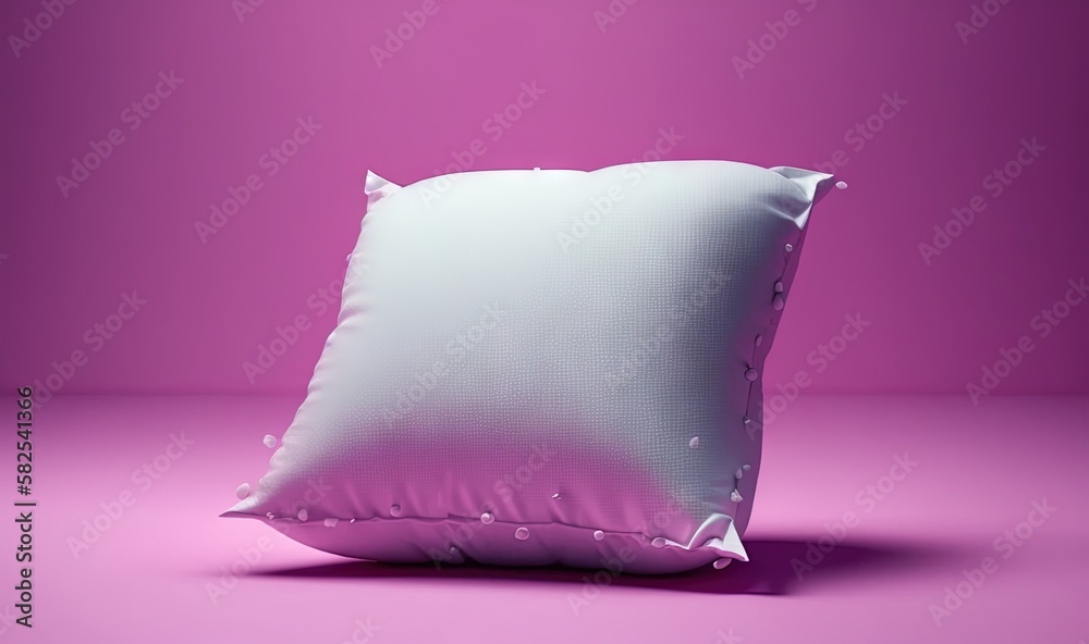  a white pillow on a pink background with a drop of water on the side of the pillow and a pink backg