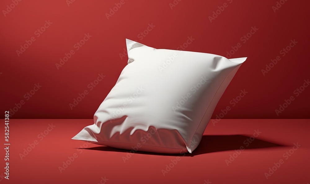  a white pillow sitting on top of a red floor next to a pillow on a red surface with a shadow of a p