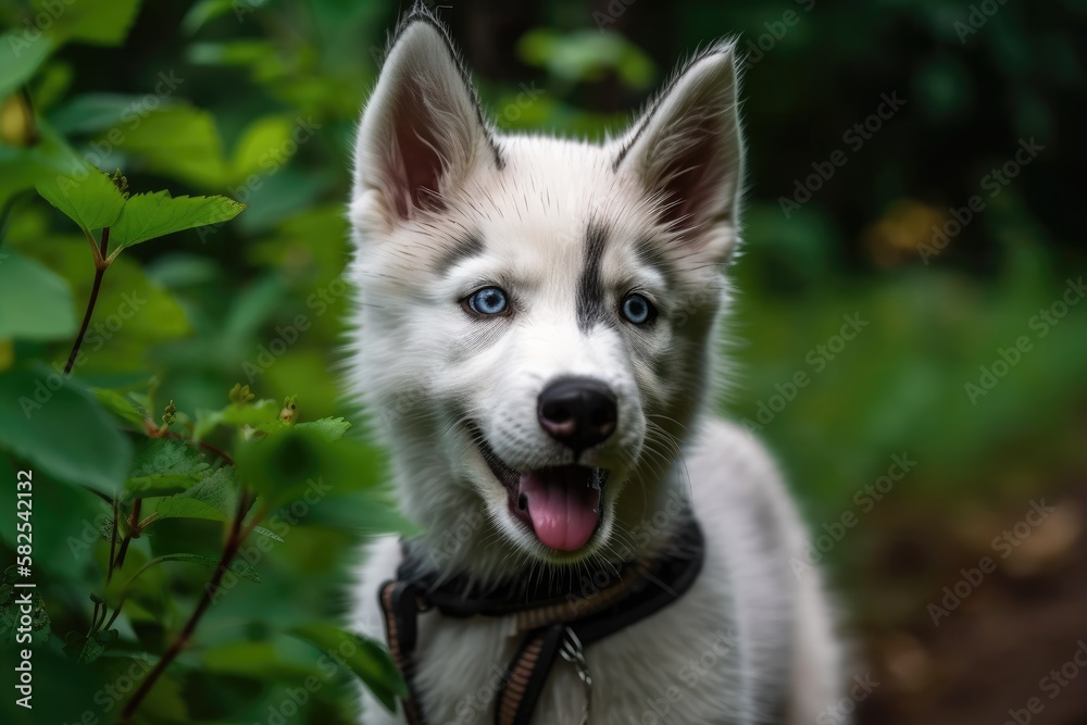 With its tongue out and a blurry green natural background, a white young cute ciberian husky puppy i