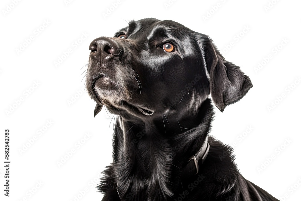 A black dog sits with its tail wagging. Generative AI