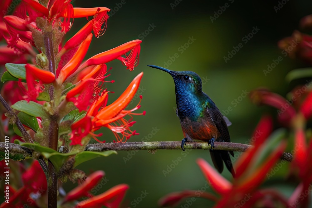 Hummingbird in blue A gorgeous red blossom is close to which Violet Sabrewing is flying. Little bird