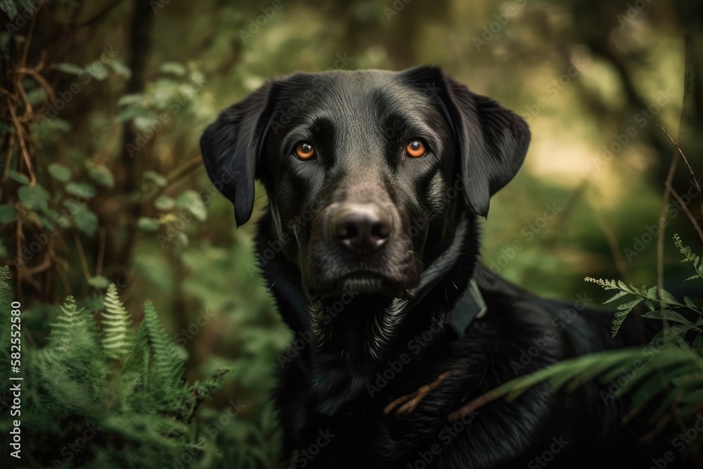 Young, handsome black labrador retriever in the bush. Generative AI