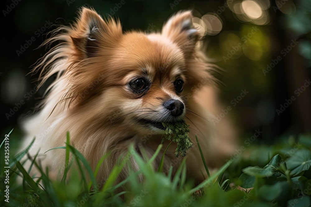 Spitz eating grass in the garden is amusing. Generative AI