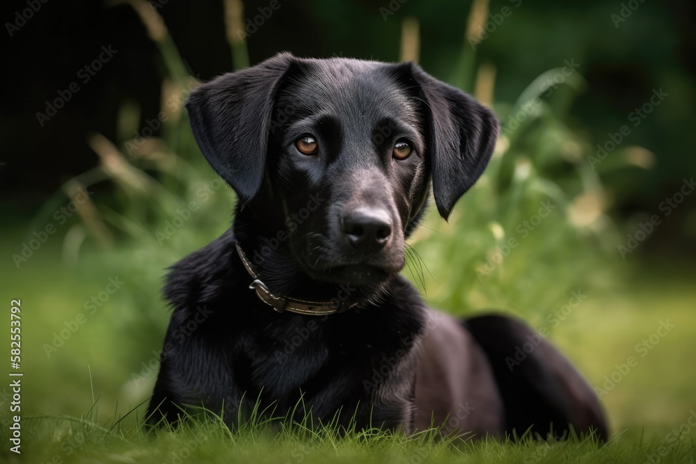 dog in black. departing on the lawn. Generative AI