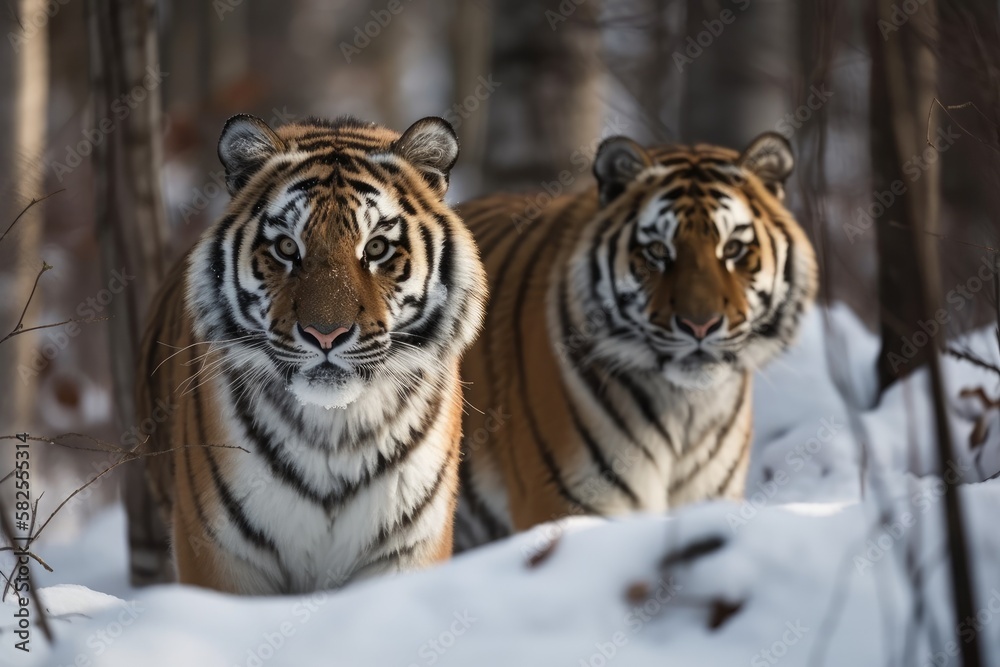 Tigers from Siberia or Amur moving through snow. Wildlife action scenario in the cold with a scary a