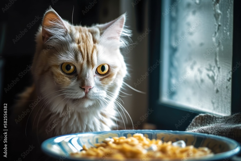 Cat consuming fish and rice on a dish. Generative AI