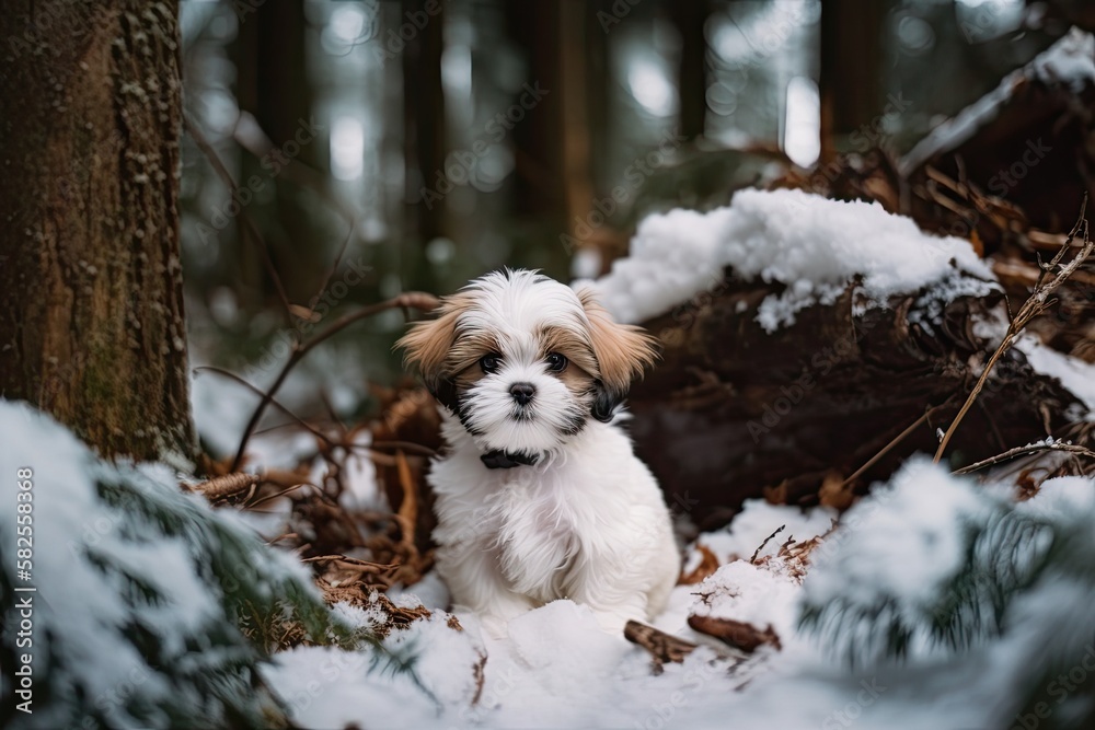 A tiny puppy in a woodland covered in snow. Generative AI