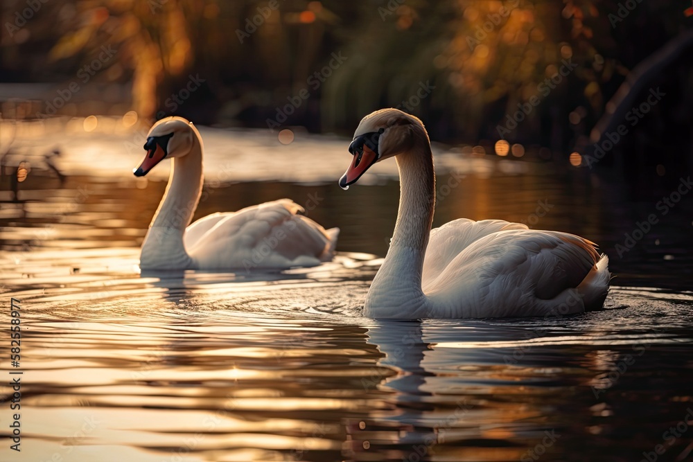 a pair of swans swimming in the water as the sun was setting. Generative AI