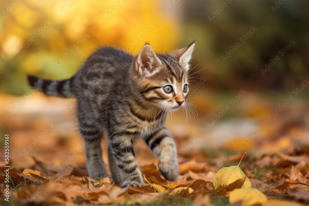 Tabby kitten strolling through an autumn park. Generative AI