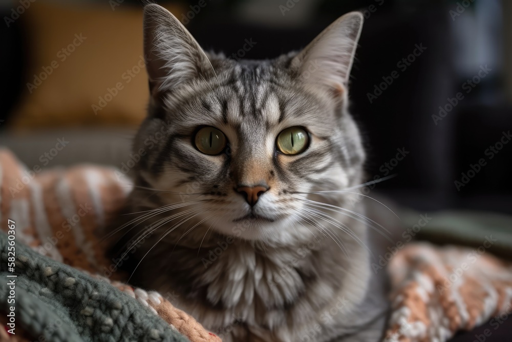 A young cat sits on a couch. Generative AI