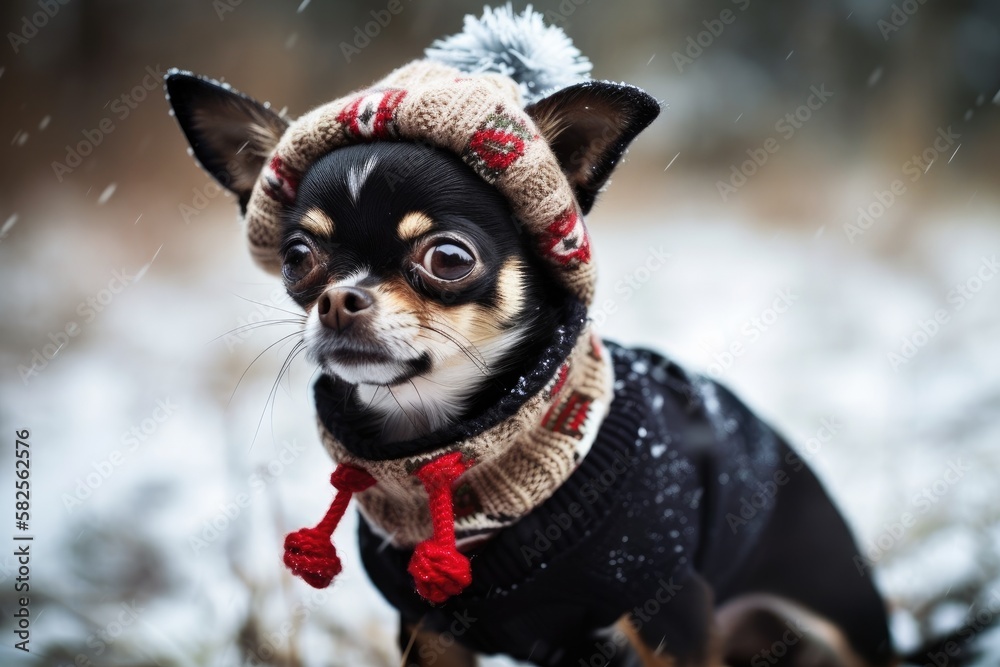 Festive image of a Miniature Chihuahua with Christmas decorations and a costume. Generative AI