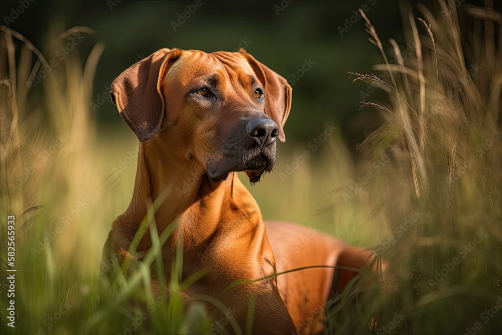 A photograph of a Rhodesian Ridgeback standing on grass. Generative AI