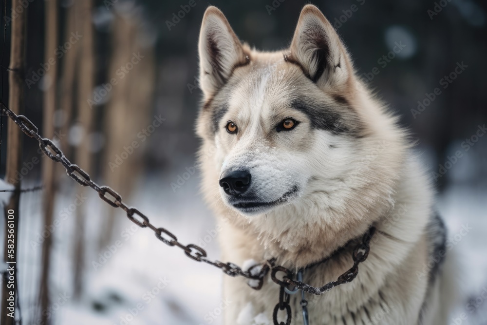 a purebred dog outside in the cold on a chain. Generative AI