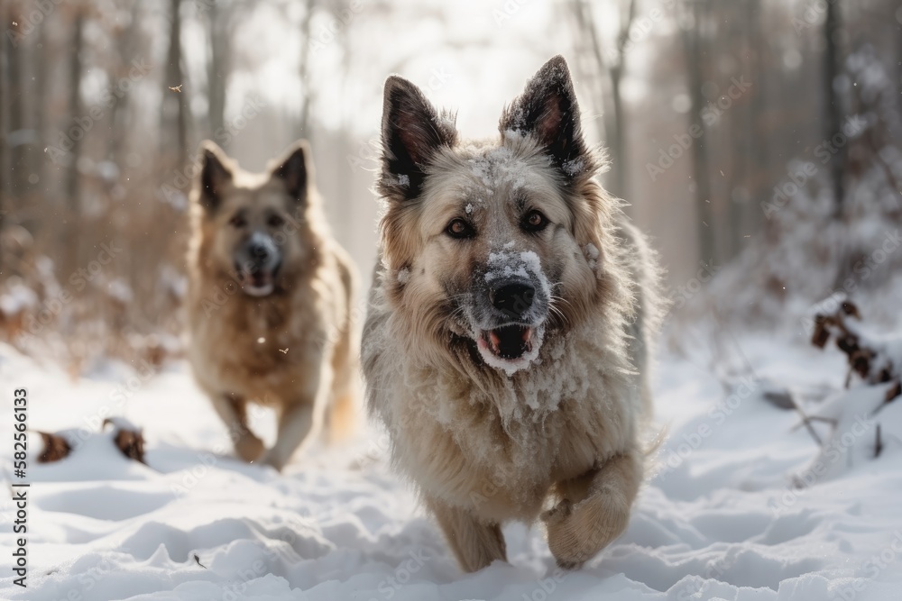 shepherd dogs from Australia In The Snow. Generative AI