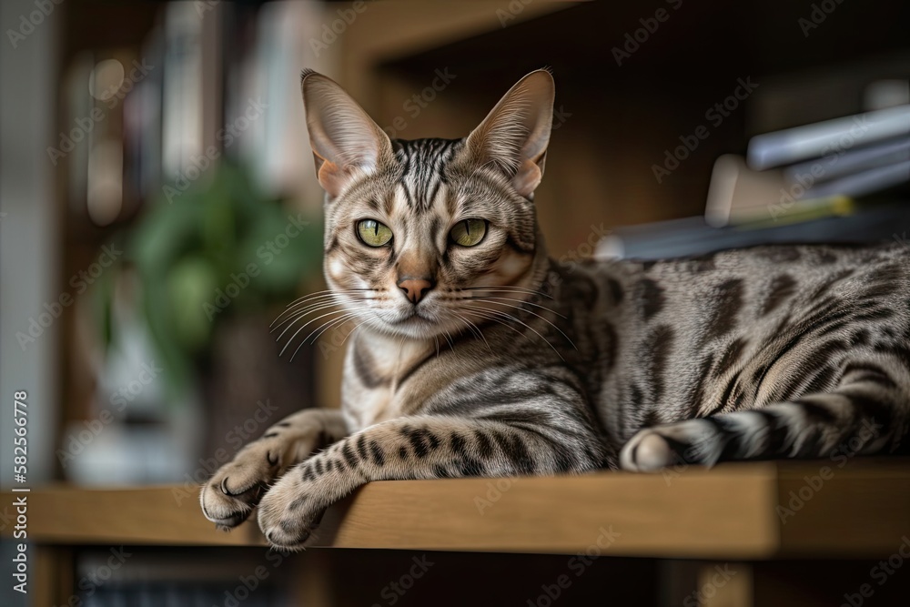 Bengal cat resting on a shelf. Generative AI