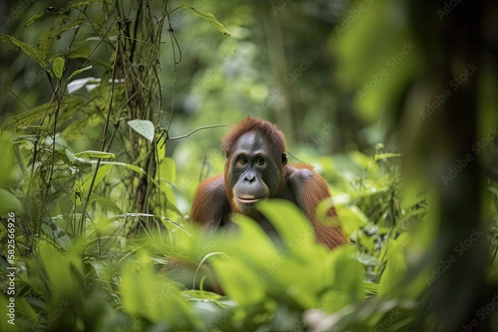 An adult orangutan sits with the jungle in the backdrop. Generative AI