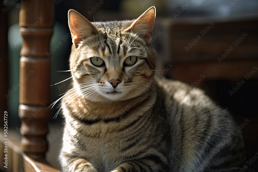 Any domestic cat with stripes by the eyes, across the cheeks, down the back, around the legs, and on