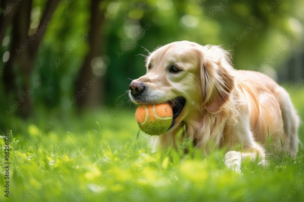 A golden retriever playing with a ball in a garden. Generative AI