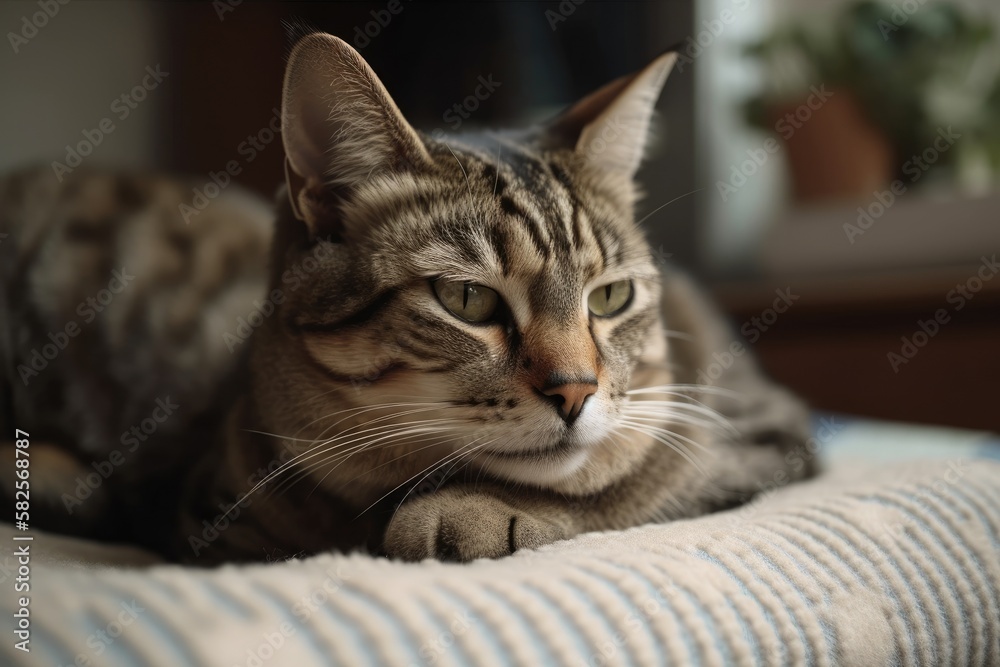 adorable tabby cat resting on a mattress. selective attention. Generative AI