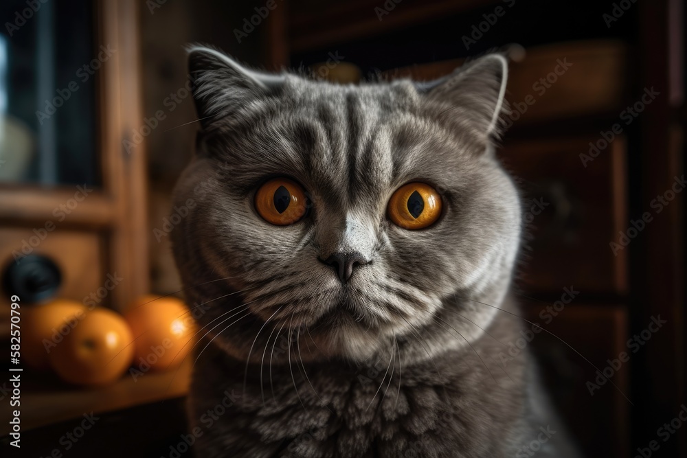 Scottish Fold lop eared grey cat portrait. Generative AI