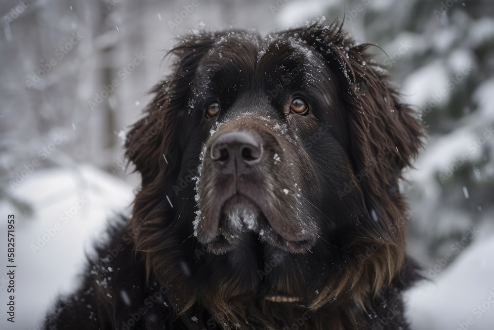 Dark and light Roadside Newfoundland with snow covered trees. Dog out during a winter stroll. Thorou